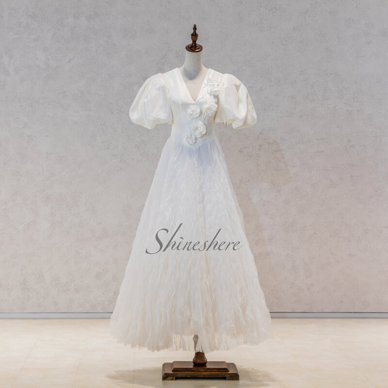 أنيقة الخامس الرقبة قصيرة الأكمام ثلاثية الأبعاد الزهور ألين فستان الزفاف جميل فستان زفاف بدون ظهر
