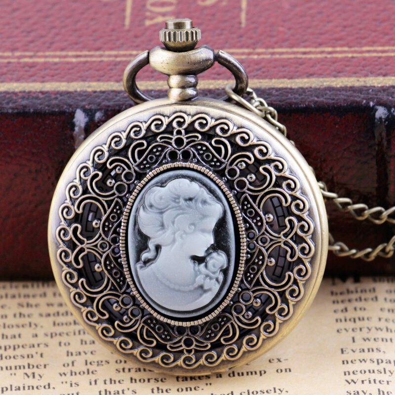 Jam tangan antik hadiah pola kecantikan jam saku Quartz wanita liontin kalung rantai untuk anak perempuan reloj hombre