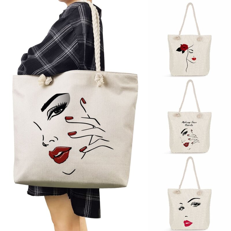 The Tote Bags Office Fashion Thick Rope Storage Bags High Capacity Handbags For Women Elegant Lips Print Shoulder Bags Portable
