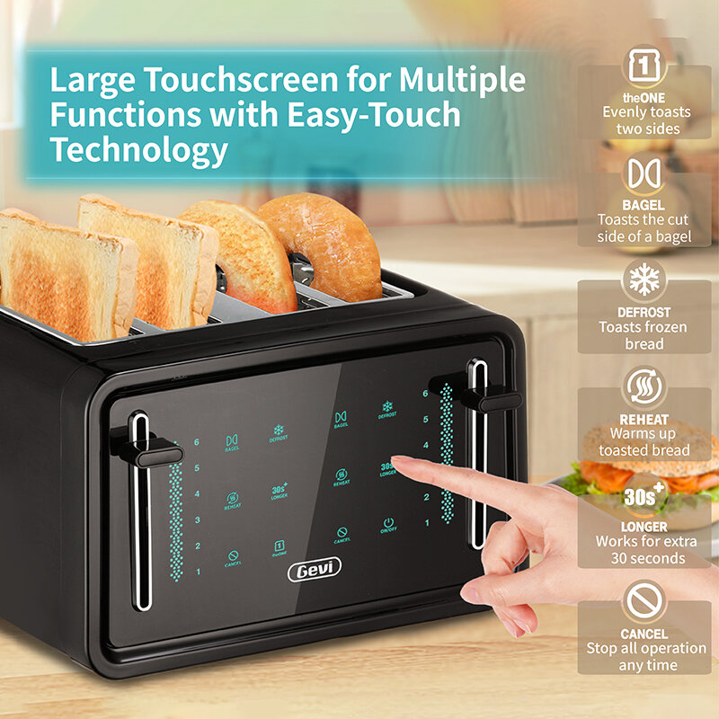 Gevi Toastert-Panel de Control doble con pantalla Led, pantalla táctil, función Bagel/recalentamiento, ajuste de 6 sombras, GETAE402-U, color negro, 4 unidades