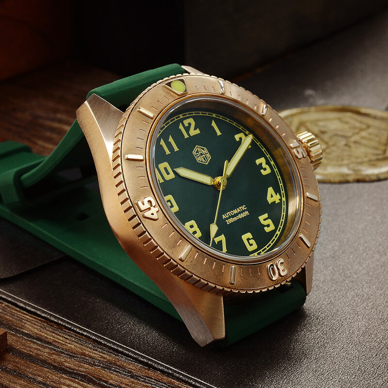 Мужские механические часы San Martin Diver Bronze с автоматическим вращающимся ободком, Водонепроницаемость 200 м, светящийся циферблат