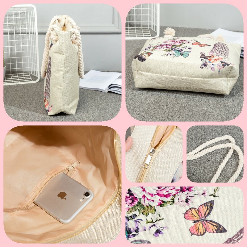 Bolso de mano de pintura al óleo de flor de cerezo para mujer, bolsa de compras de cuerda gruesa reutilizable personalizada, elegantes bolsos de viaje al aire libre