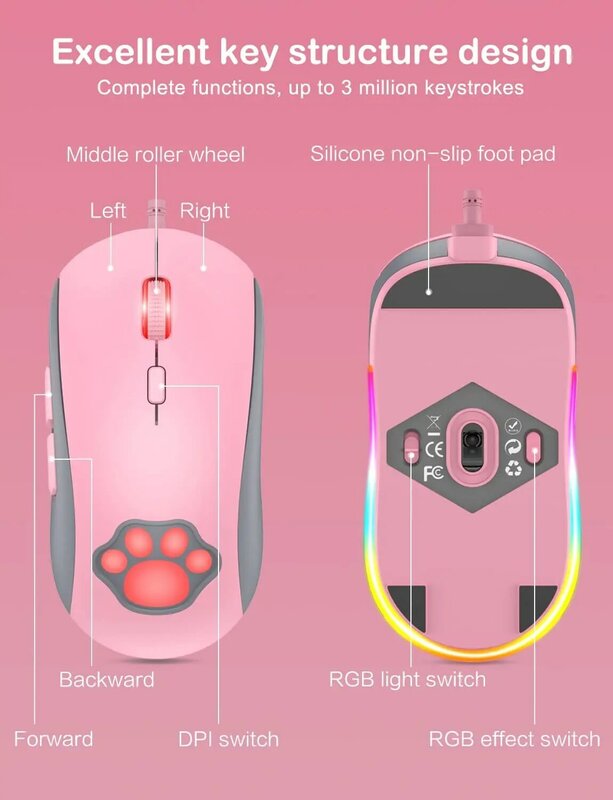 Łapa kota mysz do gier RGB ciche optyczne myszy komputerowe USB przewodowa DPI 7200 RGB 6 programowalne przyciski dla Windows/Vista/Linux