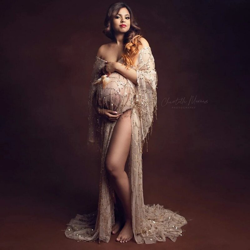 自由奔放に生きる写真撮影のための妊娠中の女性のためのスパンコールドレスマタニティフォトマタニティアクセサリー妊婦のための十分なドレス