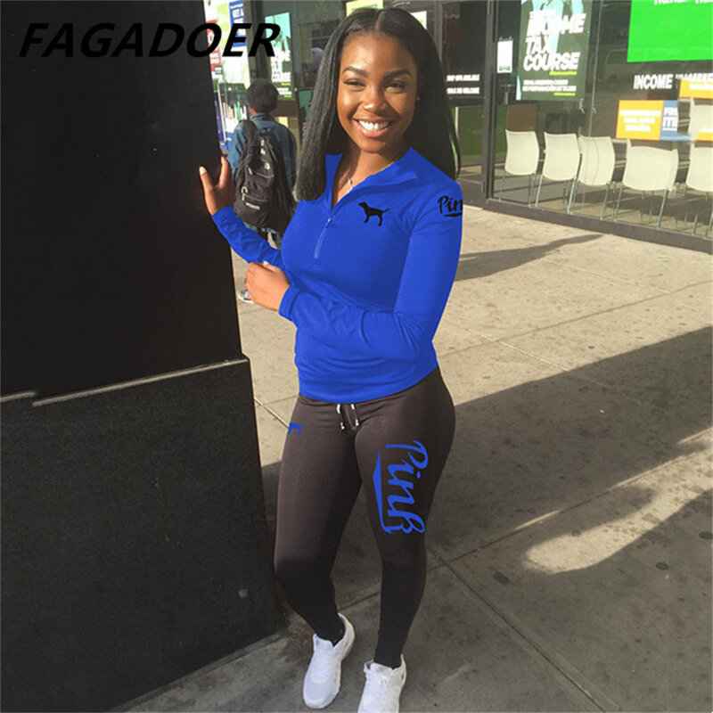 Fagadoer สีชมพูพิมพ์ชุดซิปขาตั้งคอปก Top + กางเกงขายาวกางเกงสบายๆ2ชิ้นชุดผู้หญิง Tracksuits กีฬาเหงื่อชุด