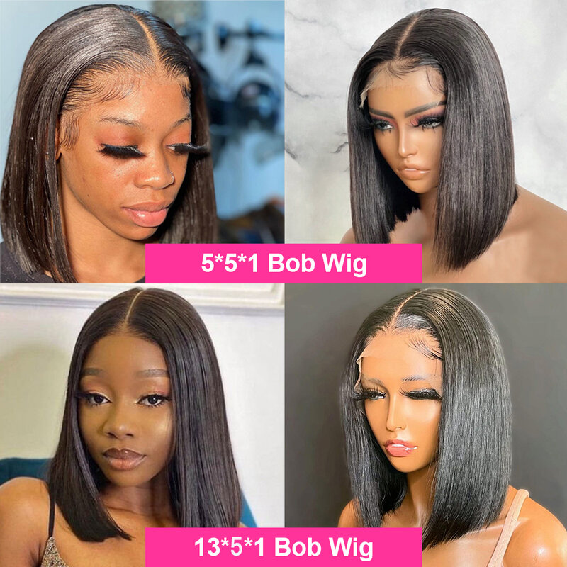 Wig Rambut Manusia Bob Pendek Wig Renda Bagian T Lurus Brasil untuk Wanita Wig Penutup Transparan Rambut Alami Panjang Bahu