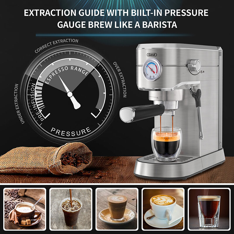 Mesin Kopi Espresso Gevi Profesional Ringkas 20 Bar dengan Pengocok Susu/Tongkat Uap untuk Espresso Latte Cappuccino GECME418E-U