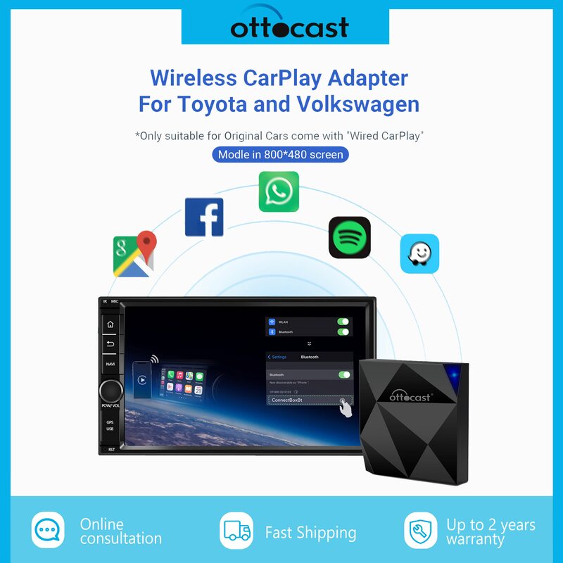 Адаптер OTTOCAST U2 для воздушного тестирования, беспроводной переходник CarPlay, быстрое подключение к мультимедийному сенсорному экрану VW Toyota с п...