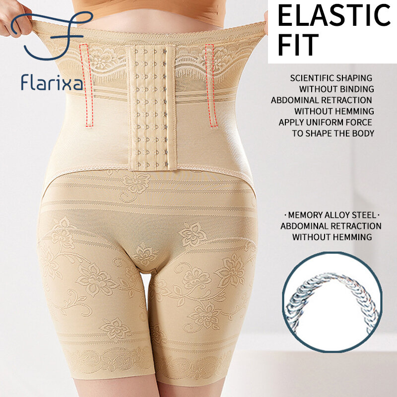 Flarixa Plus Size Women High Waist Four-Row Abdomen Control Panties Waist Trainer Body Shaper Tummy Slimming Postpartum Girdle