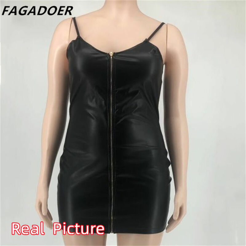 FAGADOER Black PU Mini Bodycon Dresses Women Plus Size Clothing XL-5XL Female Sexy Slim Sleeveless Nigthclub Party Vestidos 2022