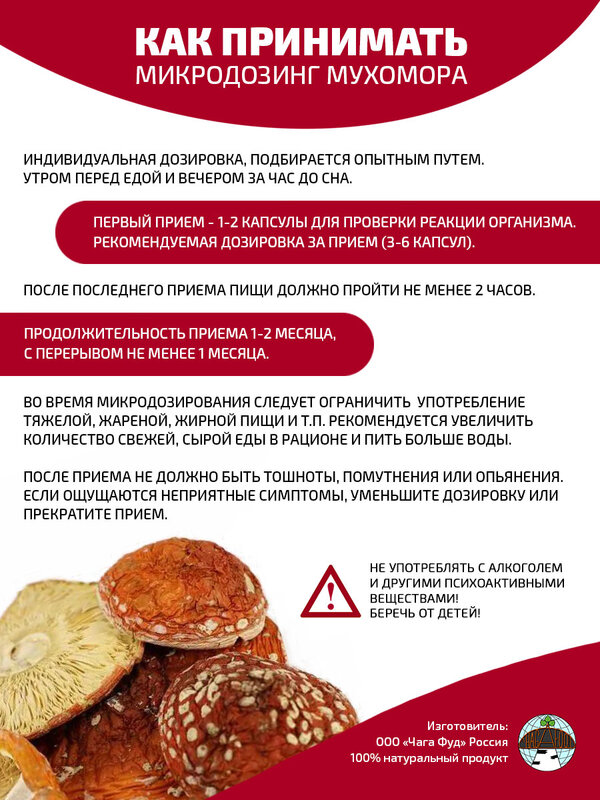 Muhomore – champignon rouge séché par microdosage, 90 capsules de 0,3G (27g), Collection en forêt des ourlets de sibérie, fabricant Chaga food