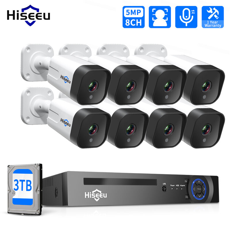 Hiseeu IP POE 3MP Kamera Pengawas Keamanan CCTV Set Sistem Kamera AI Luar Ruangan Perekam Video NVR Audio Dua Arah