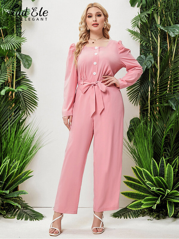 Adicionar elegante macacões tamanhos grandes para mulher 2022 outono o pescoço rosa auto-tie cinto botão moda manga longa commuter macacão b1114