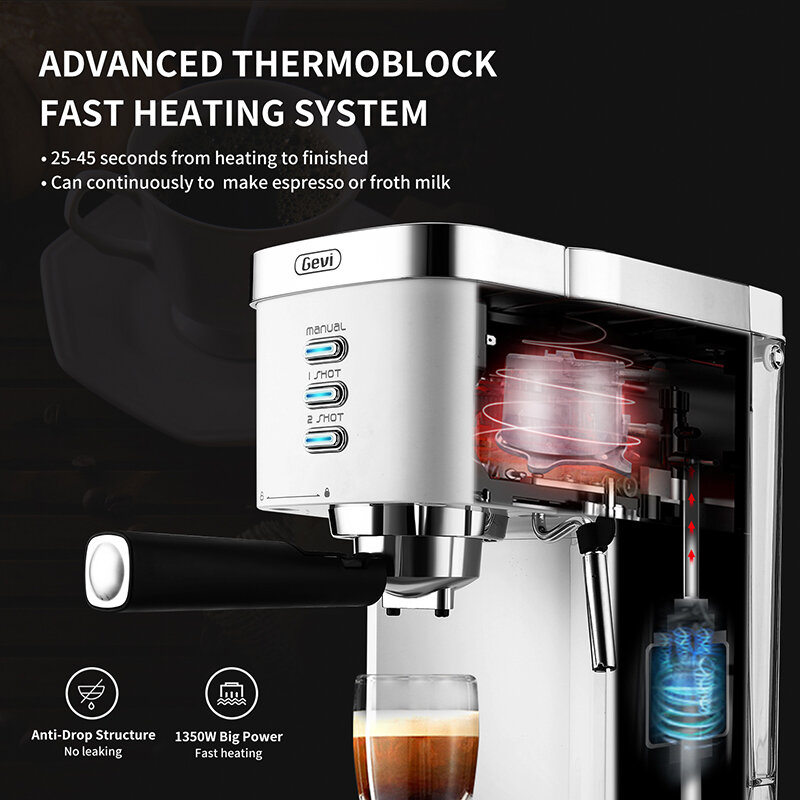 Gevi เครื่อง Espresso 20บาร์ Fast เครื่องทำความร้อนอัตโนมัติด้วย Foaming Milk Frother Wand สำหรับ Cappuccino Latte Macchiato GECME022-U