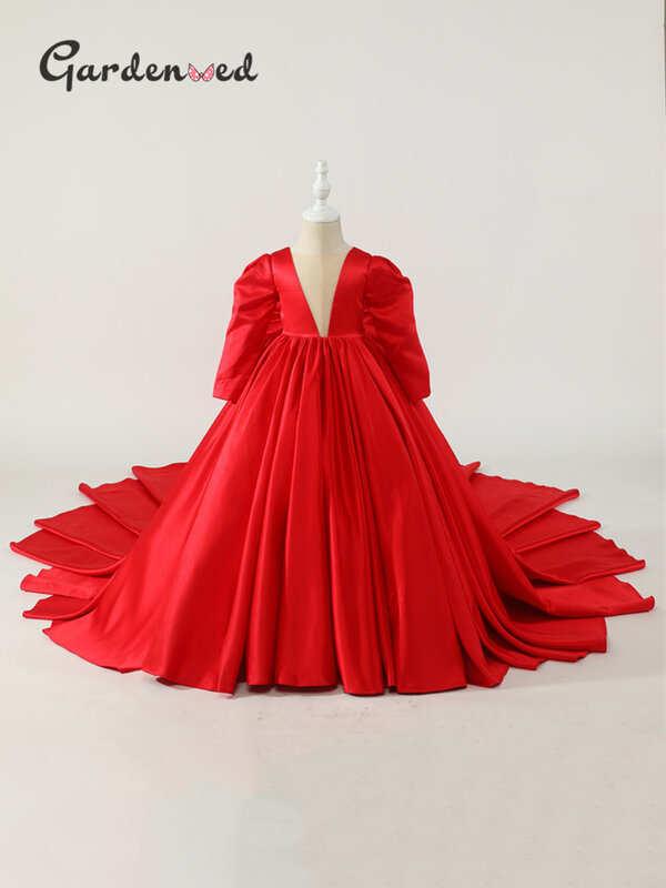 สีแดงดอกไม้สาวชุดยาวรถไฟสาวเจ้าหญิงงานแต่งงานชุดสาวชุดวันเกิดสาวแฟชั่น Vintage Dresses