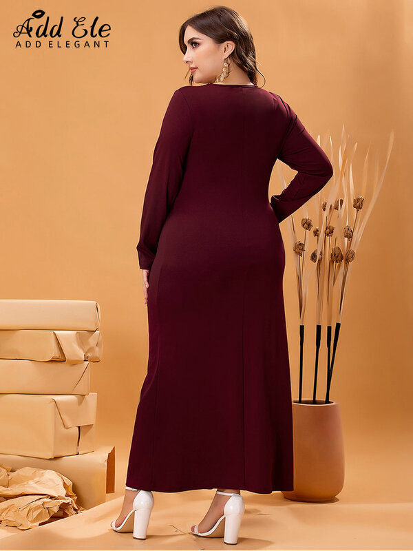 Add Elegant 2022 Autumn Plus Size Dresses for Women Solid O Neck Side Slit Female Long Sleeve Slim Waist Ankle-Length Dress B564