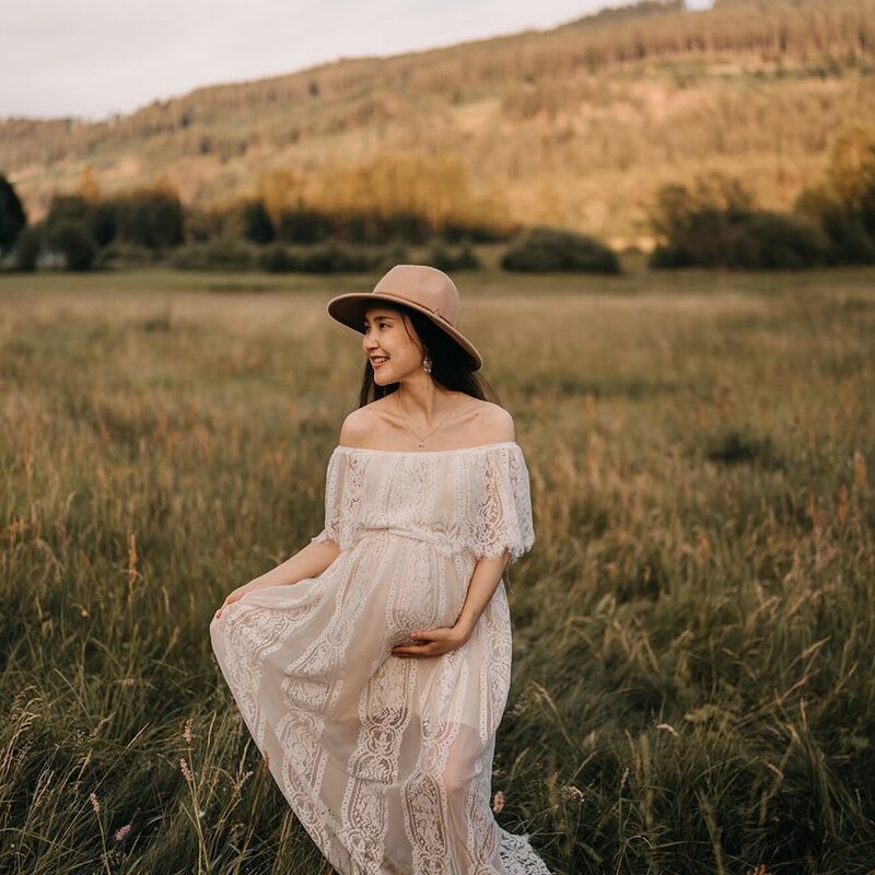 Boho koronkowe rekwizyty do fotografii ciążowej sukienki zdjęcie ciążowe zdjęcia długa sukienka Boho odsłonięte ramiona w stylu Vintage