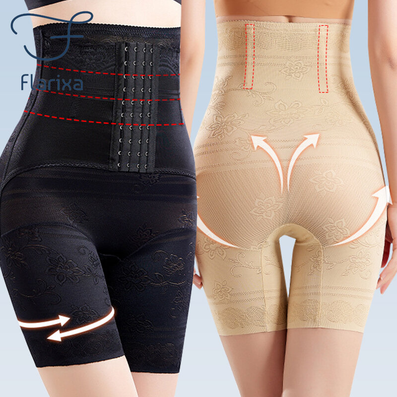 Flarixa Plus Size Women High Waist Four-Row Abdomen Control Panties Waist Trainer Body Shaper Tummy Slimming Postpartum Girdle