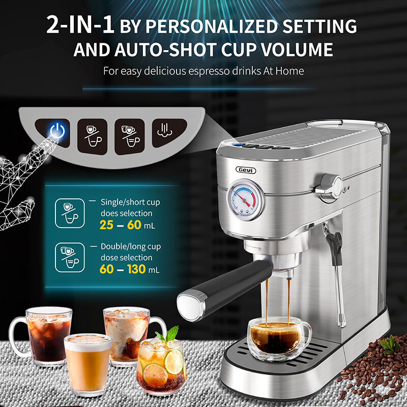 Gevi-máquina de café expreso profesional compacta, vaporizador de leche/varita de vapor para café expreso, Latte, capuchino, GECME418E-U, 20 Bar