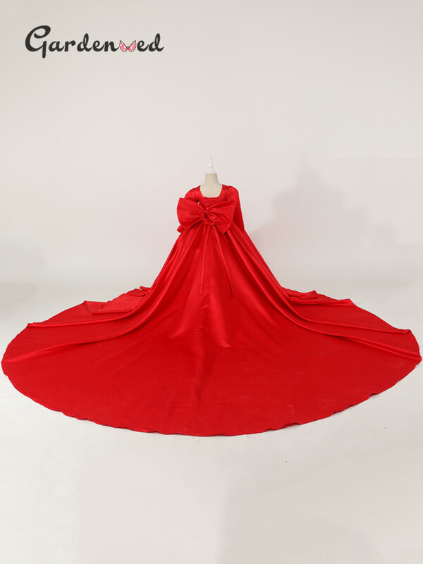 Robe rouge à fleurs pour filles, avec Long Train, tenue princesse de fête d'anniversaire, de mariage, Vintage, à la mode