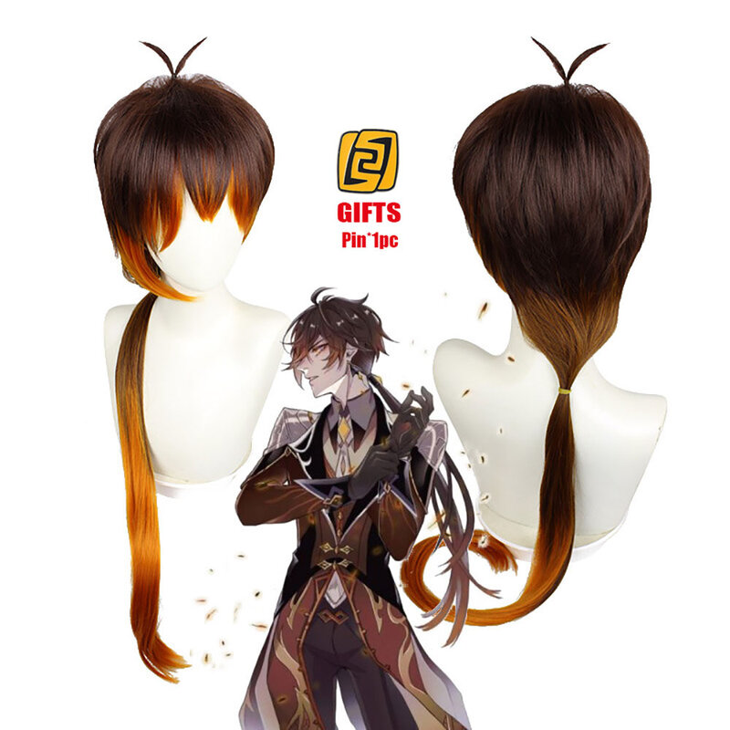 Парики для косплея Genshin Zhongli из аниме для женщин, натуральный синтетический длинный парик коричневого и оранжевого цвета, термостойкие аксе...