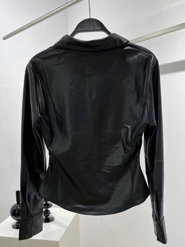 Zach AiIsa – chemise de qualité supérieure, col polo polyvalent, manches longues, faux cuir plissé, design de texture, slim