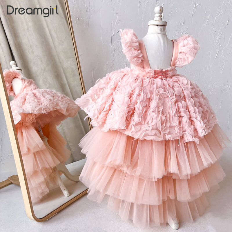 Dreamgirl 핑크 플라워 걸 드레스, 스퀘어 넥 반팔, 로우 및 하이 플리츠, 티어드 레이스업, 귀여운 베이비 드레스