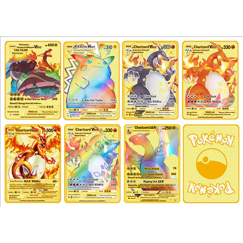 Pokemon pikachu metal cartão charizard ex charizard vmax mewtwo coleção jogo anime brinquedos de metal para crianças