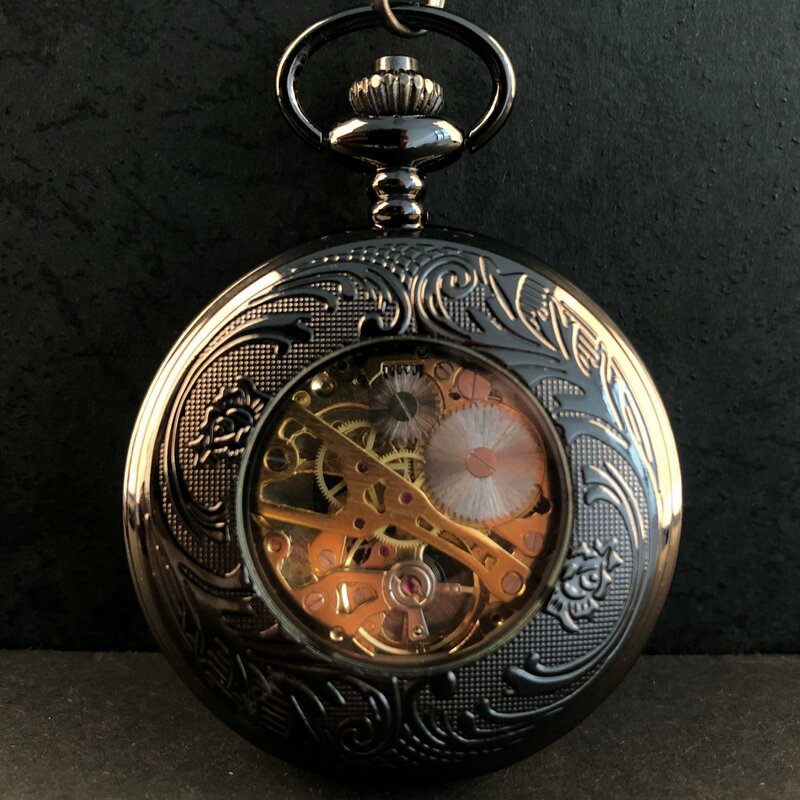 Vintage Skeleton Gear Mechanical Pocket Watch Mens Unisex Hand Wind Casual Black Pocket Fob Watches Pendant with Chain