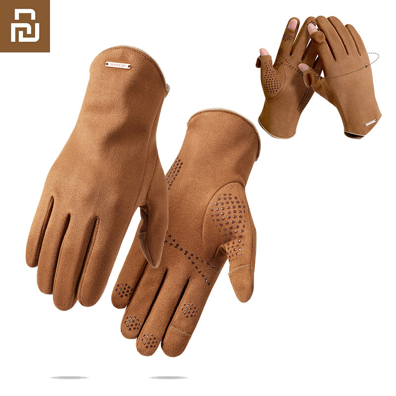 Зимние замшевые перчатки Youpin, мужские теплые ветрозащитные перчатки для вождения, толстые кашемировые Нескользящие уличные мужские перчат...