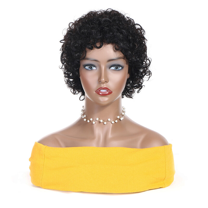 Wig Rambut Manusia Potongan Pixie Pendek Rambut Remy Keriting Wig Buatan Mesin Penuh Rambut Brasil untuk Wig Wanita Hitam