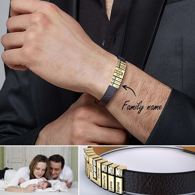 Pulsera de cuero personalizada para hombre, brazalete personalizable con cuentas de nombre, regalo para el Día del Padre