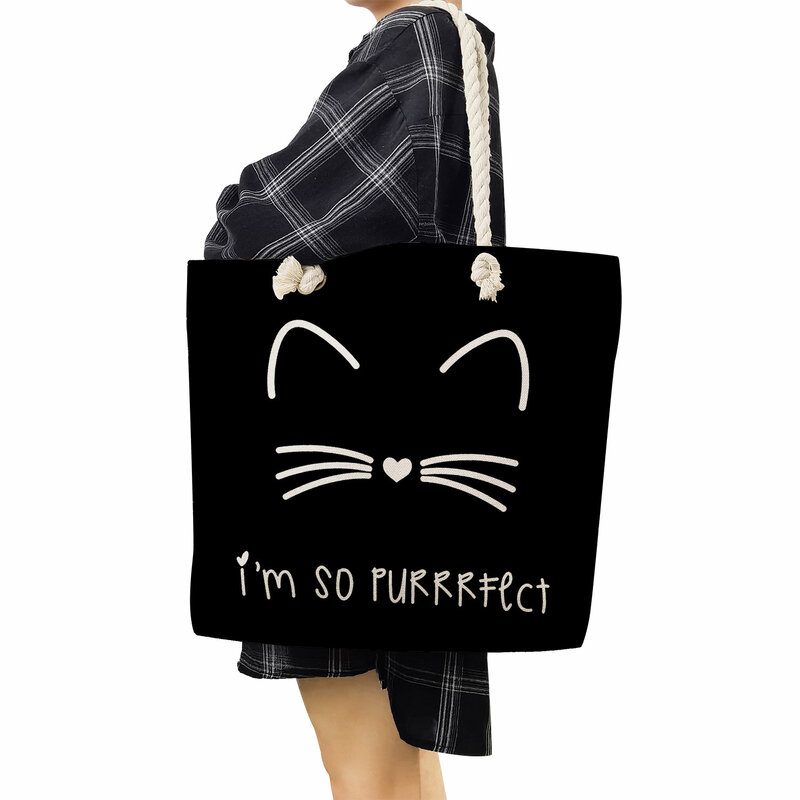 Bolso de mano de gran capacidad para mujer, bolsa de diseñador de dibujos animados, bonito gato negro, estilo fresco y portátil