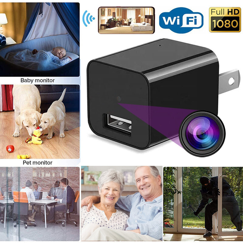 HD 1080p HDワイヤレスミニカメラ,USB充電器,wifi,IP,ビデオレコーダー,アプリ,リモートモニター,カムコーダー