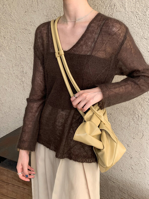 See Through maglione di lana Mohair donna Pullover con scollo a V in maglia leggera marrone