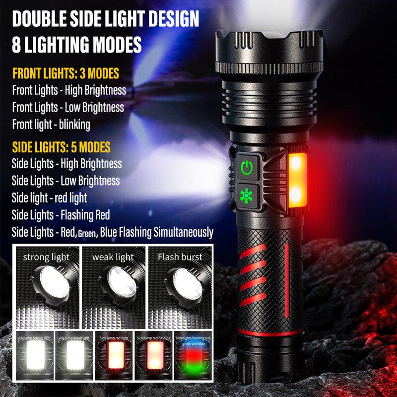 5000 Meters White LED Long Beam Spotlight Flashlight Rechargeable 5000000LM Super Bright Tactical Flashlight for Camping Hunting