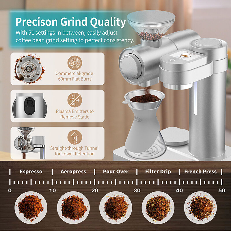 Gevi 4-em-1 smart pour-over máquina de café com built-in moedor automático barista modo receitas personalizadas 1000w GESCMA705-U prata