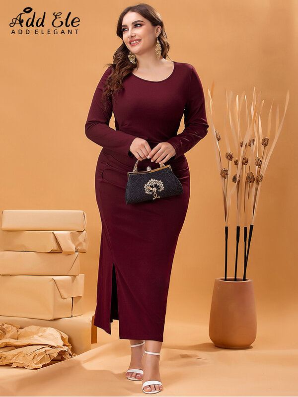 Add Elegant 2022 Autumn Plus Size Dresses for Women Solid O Neck Side Slit Female Long Sleeve Slim Waist Ankle-Length Dress B564