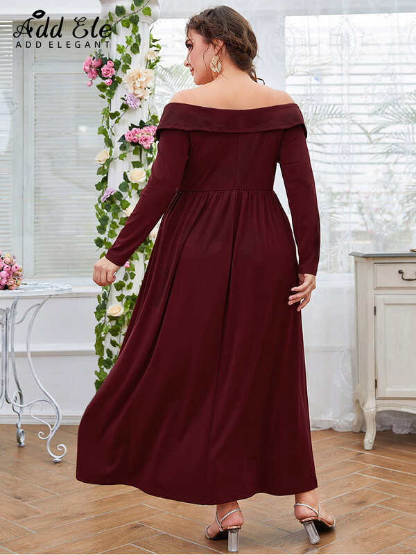 Adicionar elegante 2022 outono vestidos femininos tamanhos grandes slash neck cintura doce mulher suave sólido solto a linha tornozelo comprimento vestido b544