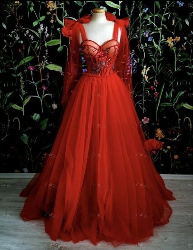Gaun Prom Tali Bahu Busur Merah Cathy Gaun Pesta Kustom Cantik Malam Kekasih Seksi Vestidos De Fiesta