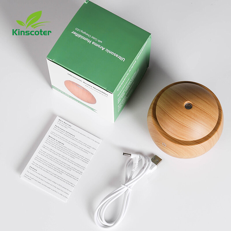 Kinscoter Penyebar Aroma Mini Serbuk Kayu 130Ml Pelembap Udara USB Portabel dengan Lampu Malam