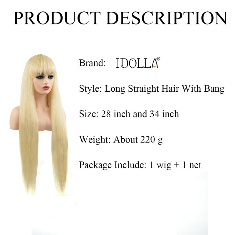Idolla perucas sintéticas com franja cabelo loiro em linha reta trajes de halloween preto branco feminino cosplay uso diário resistente ao calor perucas