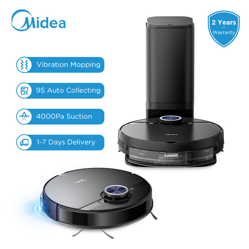Midea-S8 + 로봇 진공 청소기, 가정용 셀프 빈 도크 진동 걸레질 습식 건식 4000Pa 흡입 와이파이 앱 제어