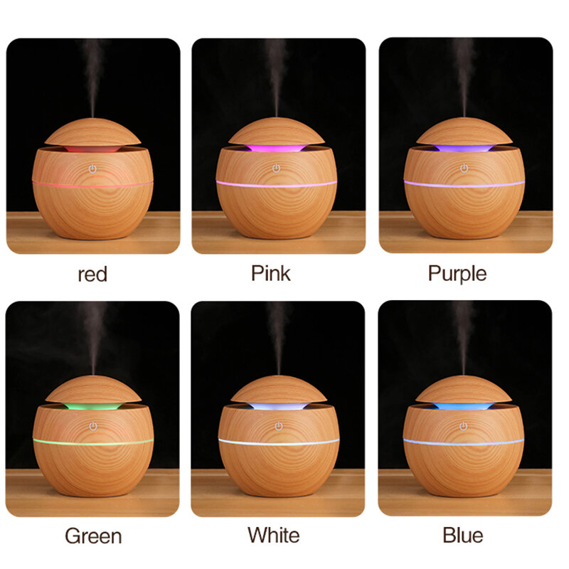 Kinscoter Wood Grain Mini Aroma Diffuser 130ml Portable USB Air Humidifier with Night Light