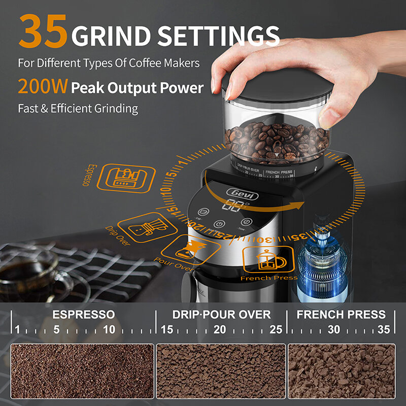 Gevi rebarbas moedor de café elétrico ajustável moinho rebarbas com 35 configurações de moagem precisa 120v/200w para máquinas de café expresso GECGI406B-U7