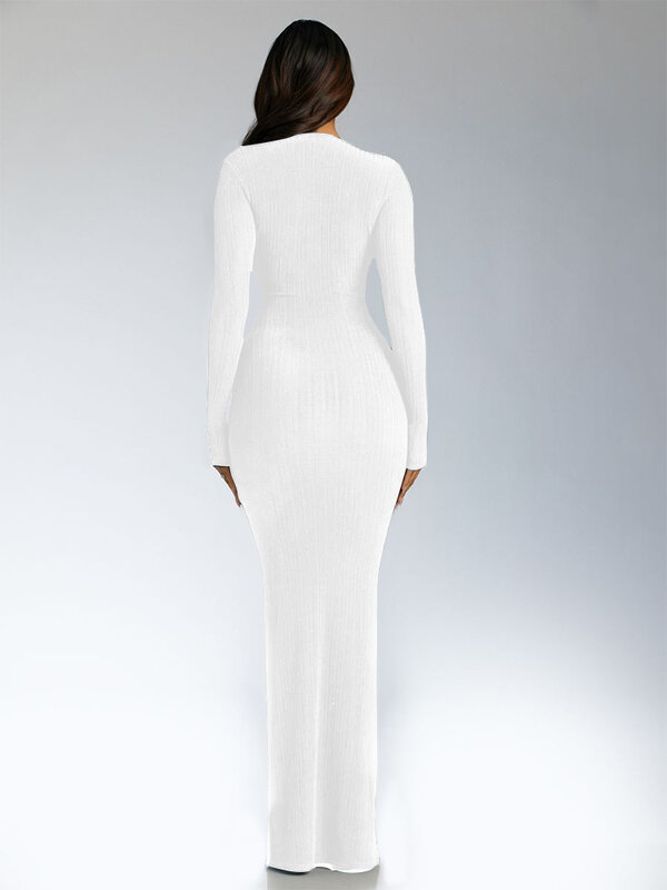 Vestido largo blanco de manga larga para mujer, traje elegante con cuello en V profundo, Sexy, color negro, para fiesta de noche y Club, a la moda, 2022