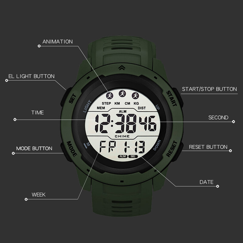 Masculino Luminoso Relógio Esportivo Eletrônico, Alarme Militar, Relógios de Pulso Digitais, Impermeável, 50m