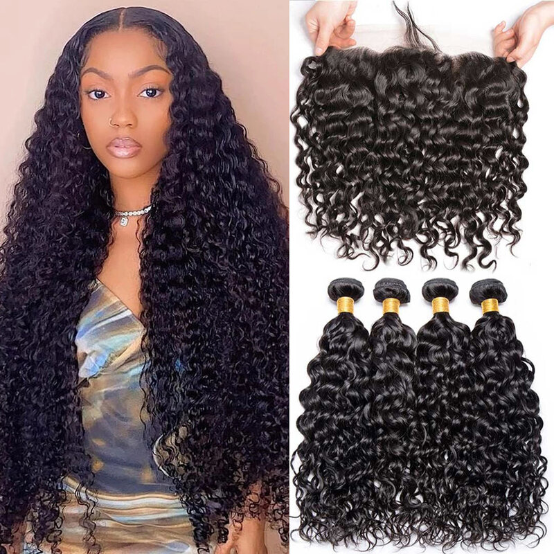 Peruvian 10A Water Wave Bundles With Frontal Water Wave Bundles Frontal Closure 13x4 Ear to Ear Lace Human Hair Weave Extensions