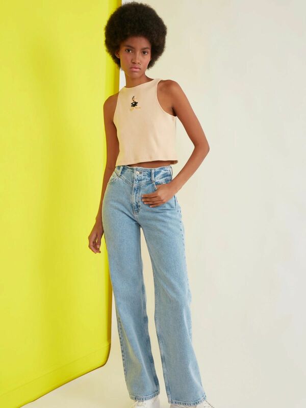 Trendyol spodnie jeansowe talia szczegóły wysokiej talii wąskie dżinsy z szeroką nogawką damska 2022 modna odzież TWOSS21JE0385