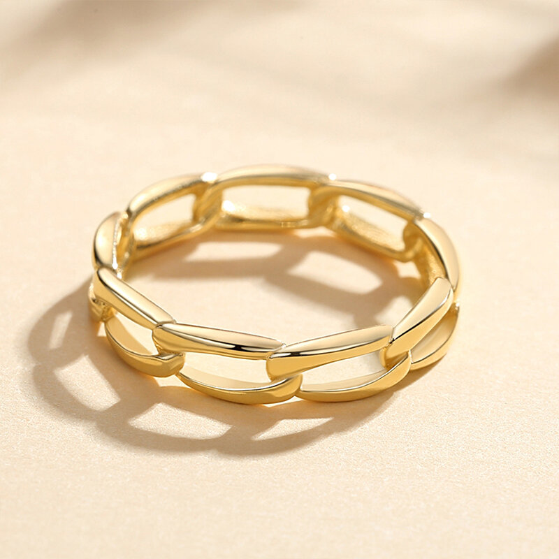 Belawang 100% anel de prata esterlina 925, anel com elo empedrado, estilo simples, corrente com 18k, anel banhado a ouro para mulheres, festa de aniversário, presente
